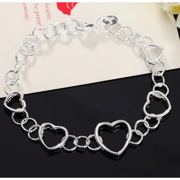 925 Sterling Silver Sterling Silver Open Heart Link Bracelet for Women 20CM 6-8” - Picture 2 of 5